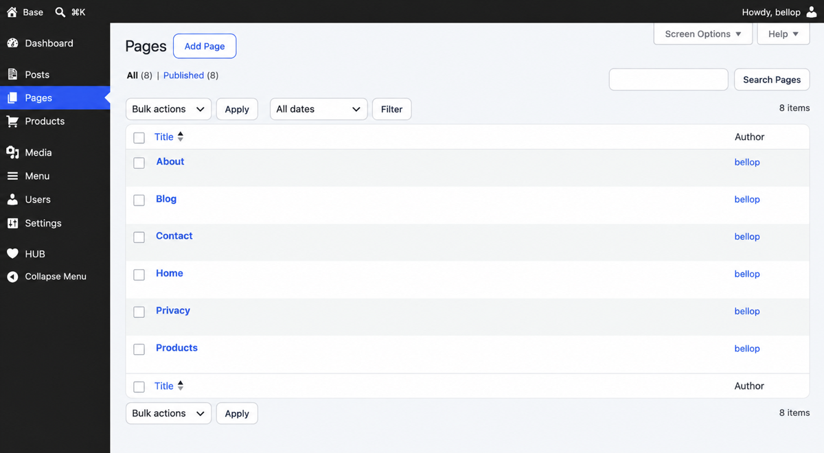 WordPress dashboard with Bellop’s base theme: a short menu and no notices