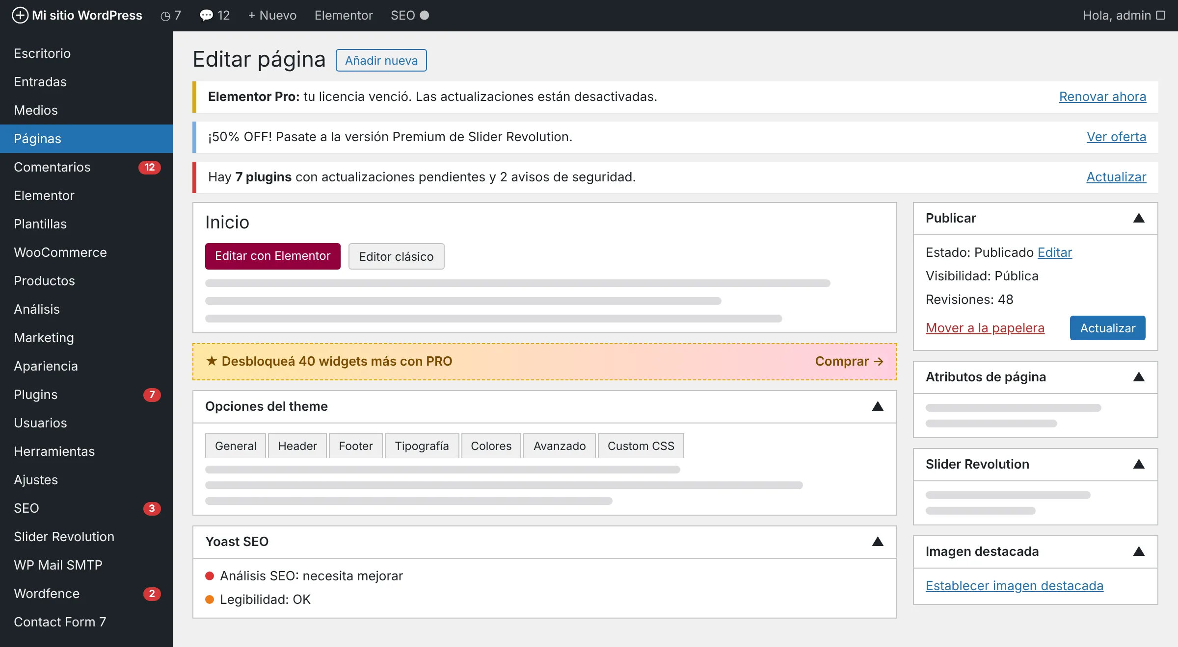 Default WordPress dashboard, with long menus, notices and ads